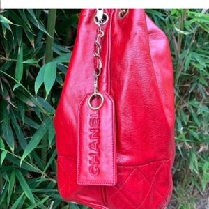 CHANEL red quilted leather  bucket drawstring bag
